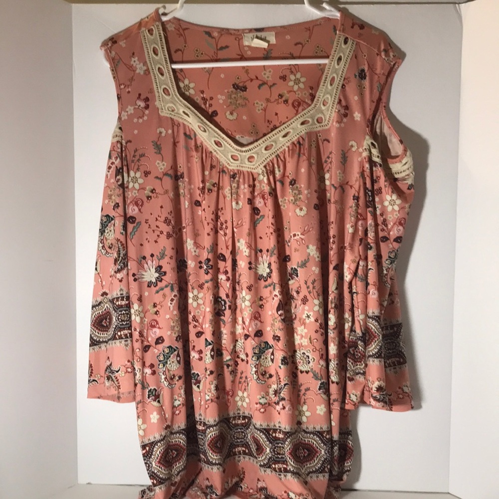 Style & Co boho flowing long sleeves cold shoulder xl  floral pink peach summer